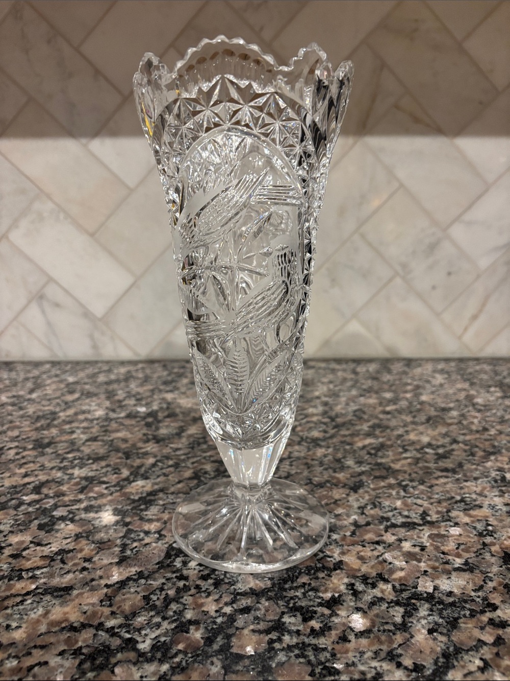 Cut Crystal Pedestal Vase - Clear Glass